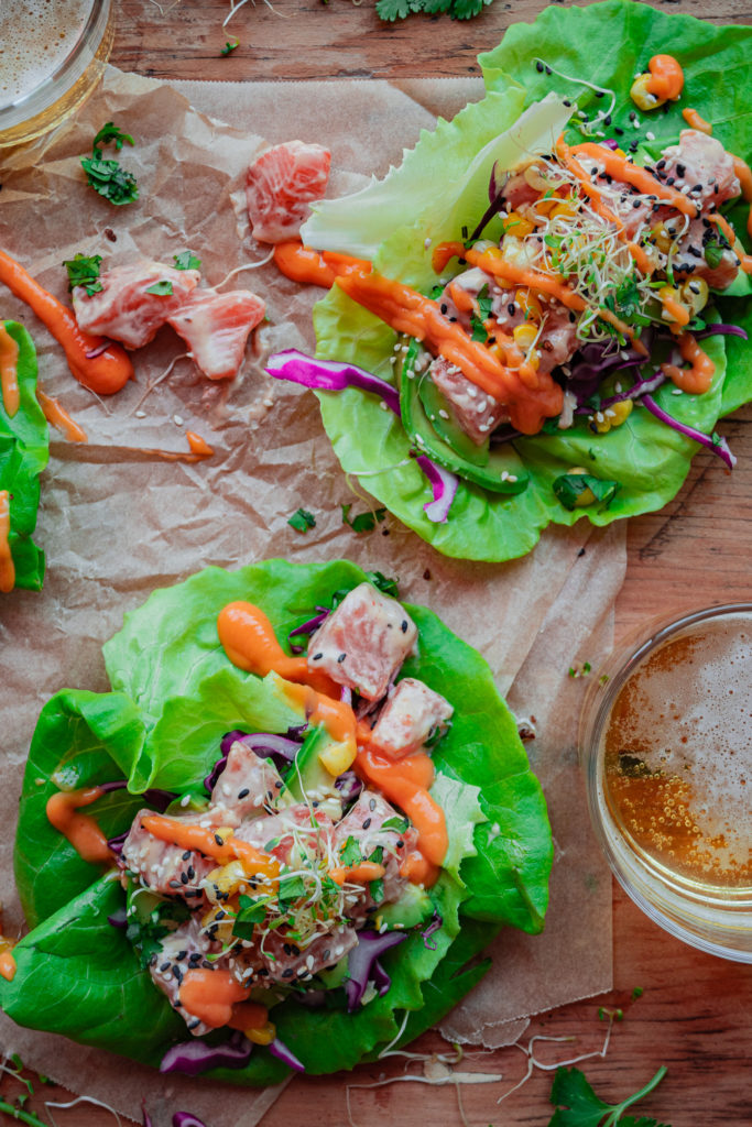 salmon lettuce cups with beer