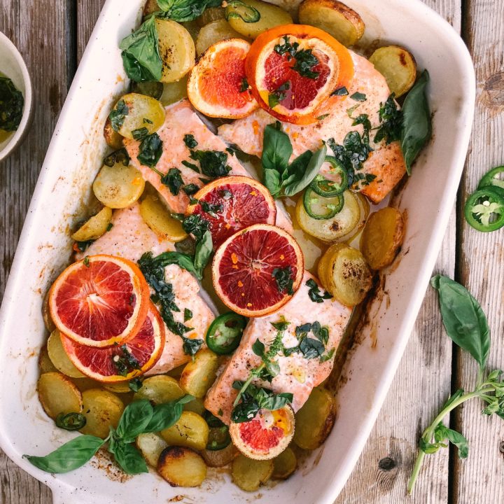 oven-baked salmon with honey jalapenos potatoes - thecommunalfeast.com