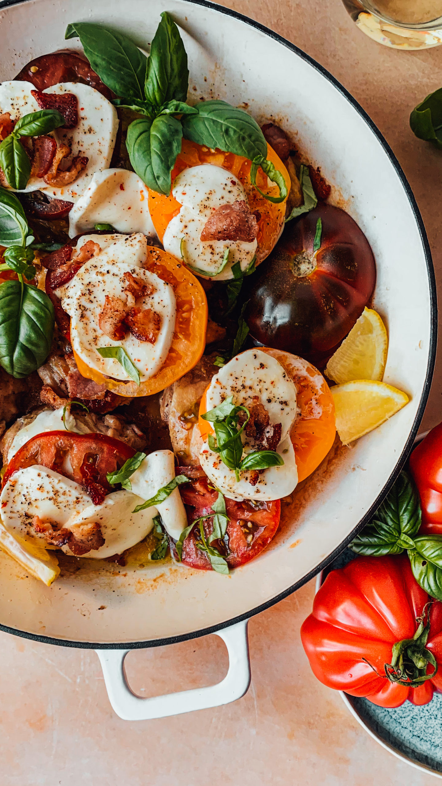 white wine chicken with heirloom tomatoes