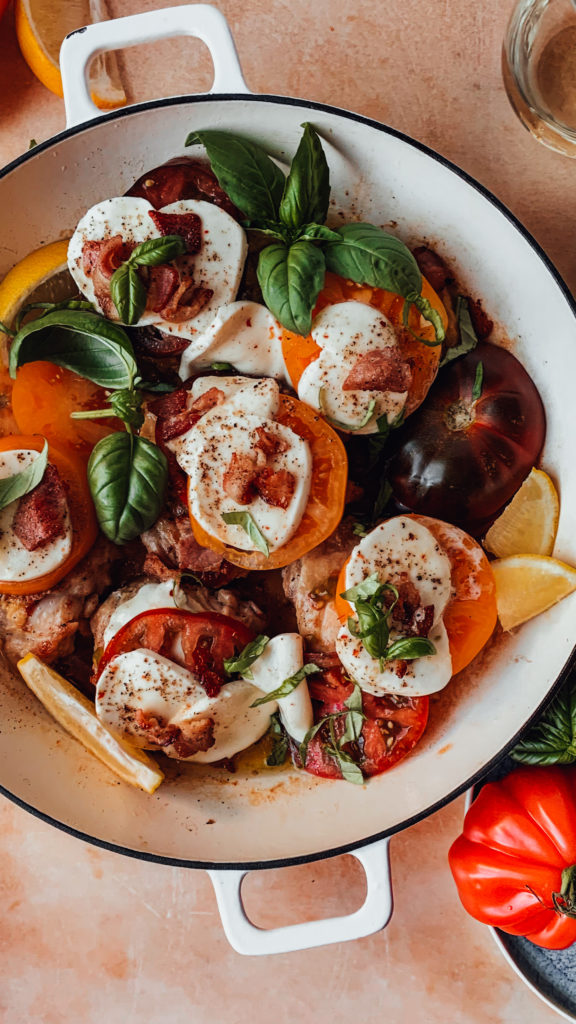 skillet chicken in white wine with heirloom tomatoes