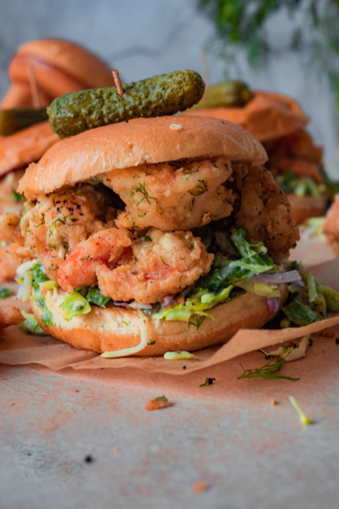 fried shrimp sandwich close up