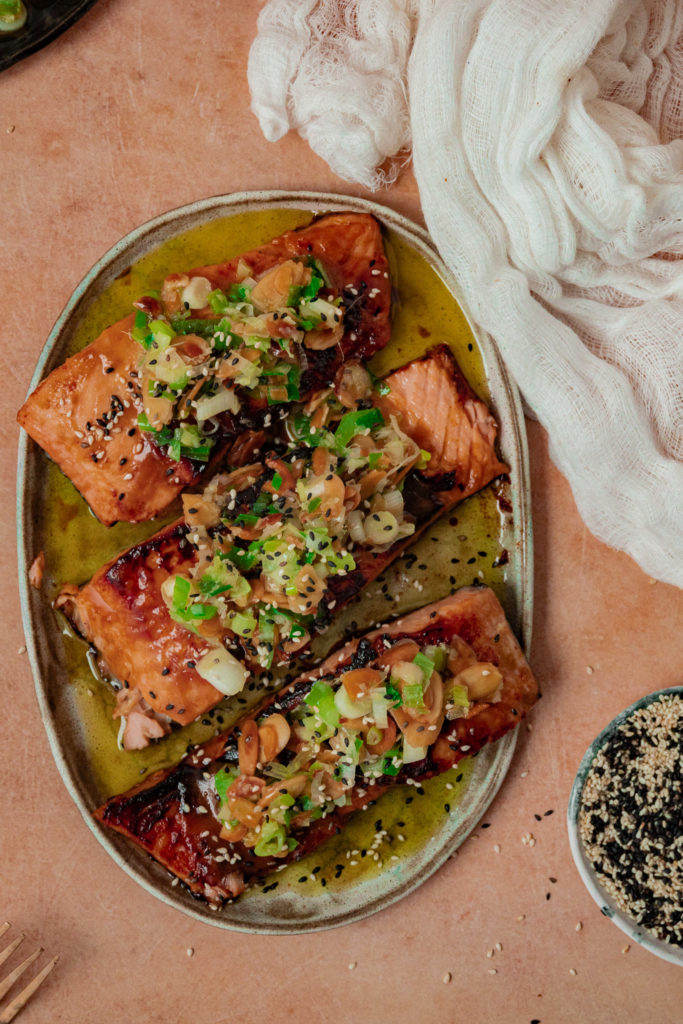 miso salmon with spring onion condiment 