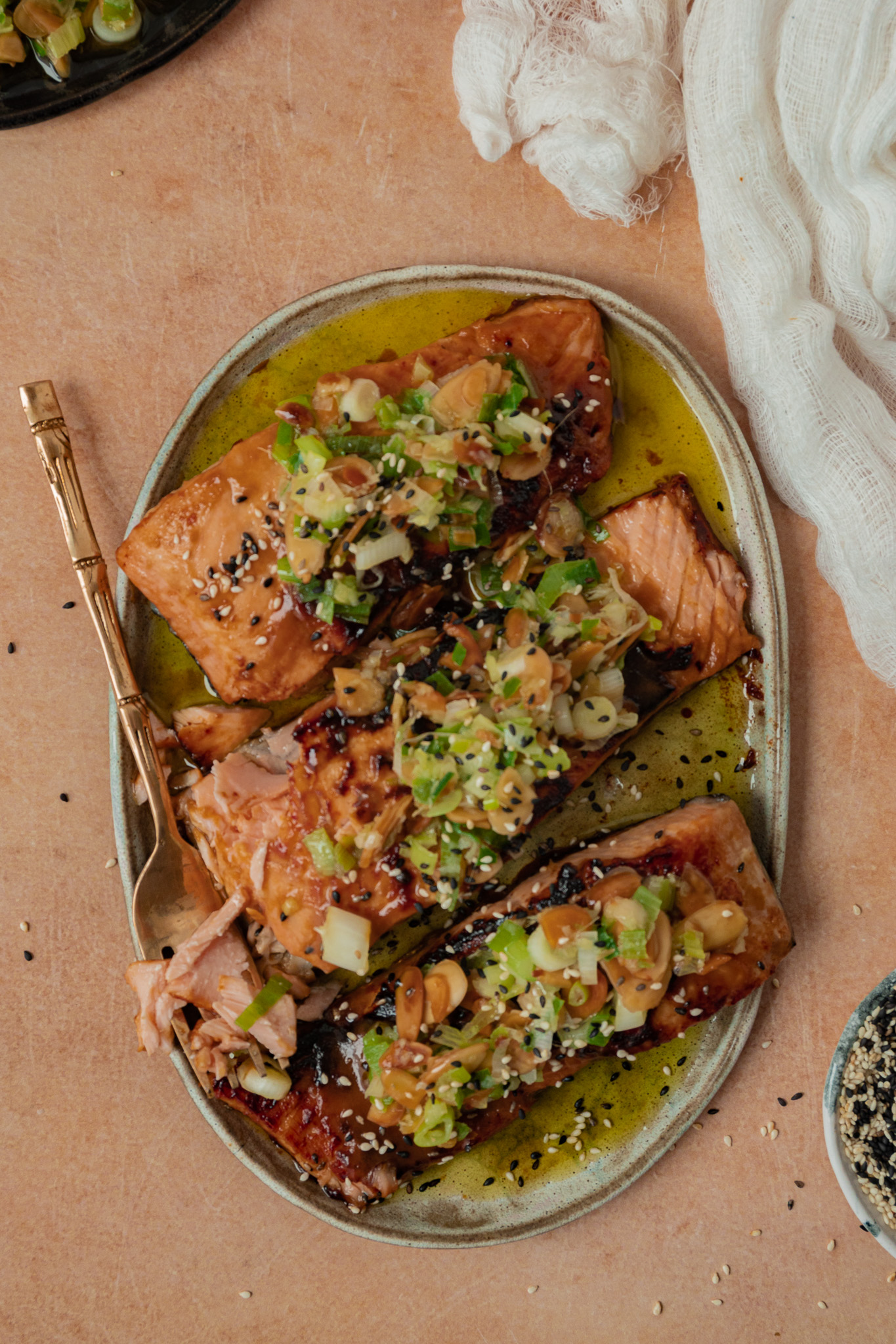 miso salmon with spring onion topping