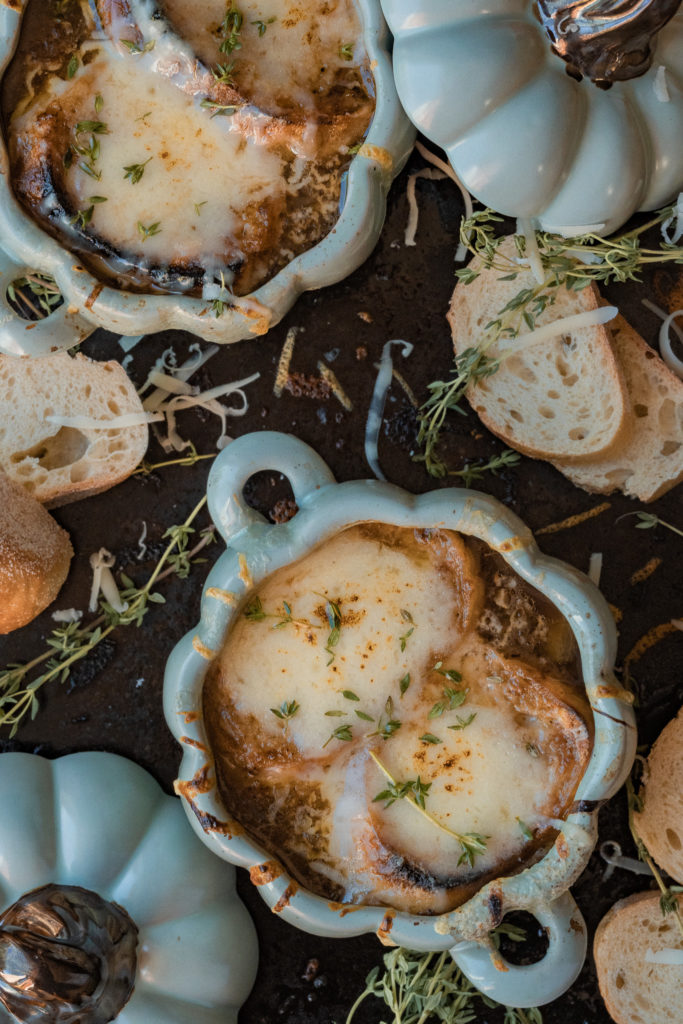 french onion soup bowls in pumpkin cocettes