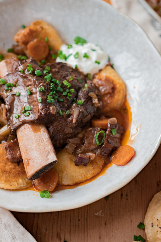red wine braised short ribs with pierogis