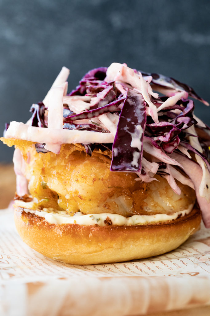 fried fish sandwich with cabbage slaw