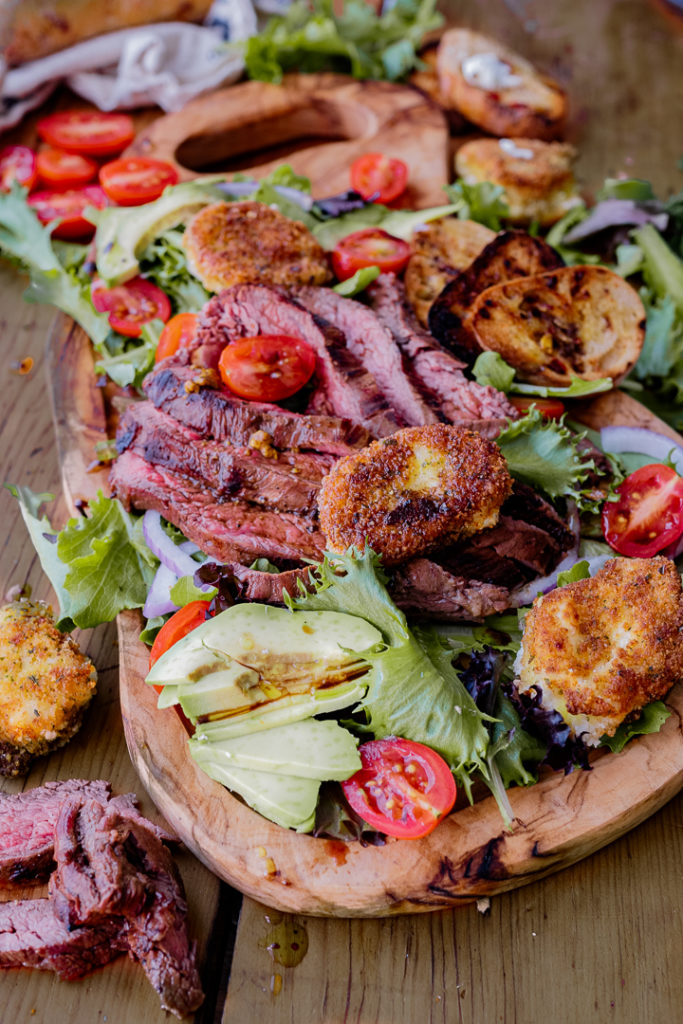 fried goat cheese and steak salad