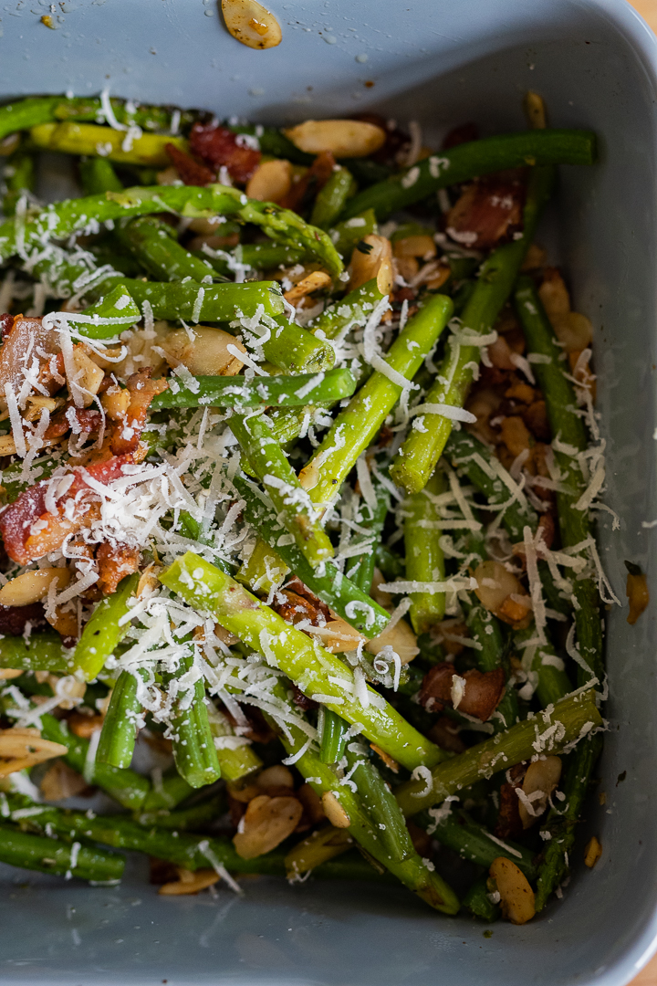 pan-fried asparagus and green beans with bacon