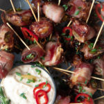 bacon wrapped brussel sprouts with garlic confit dip