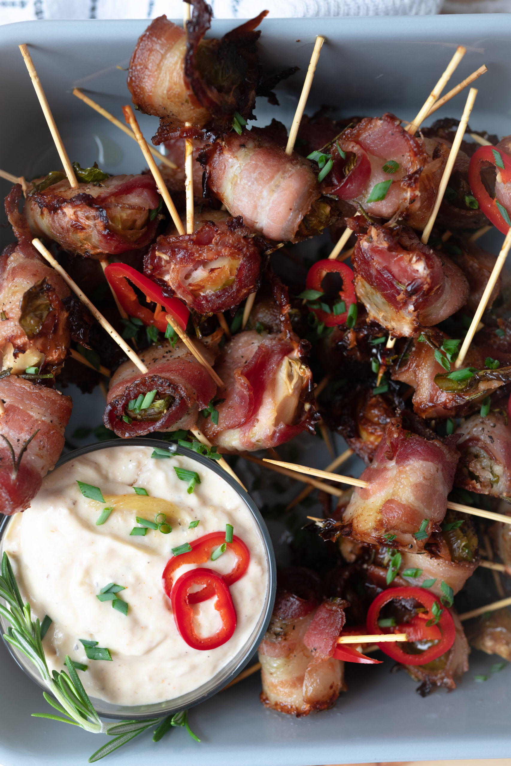 bacon wrapped brussel sprouts with garlic confit dip